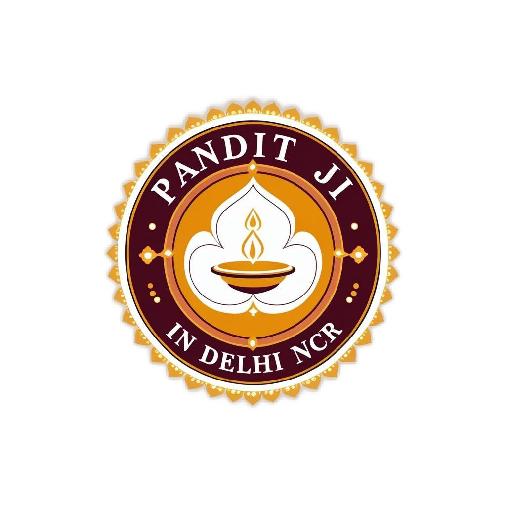 Pandit Ji in Delhi NCR logo featuring a traditional diya symbol inside a circular design with saffron and maroon colors